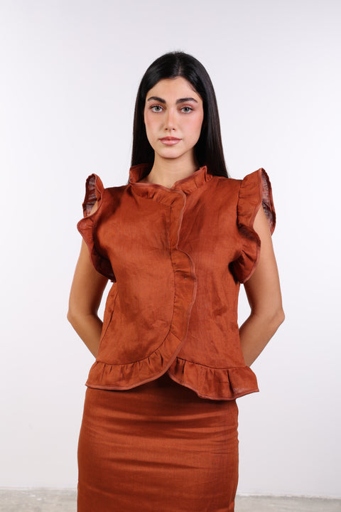 SILK TRIMMED LINEN SHIRT — WOMENS BURNT ORANGE