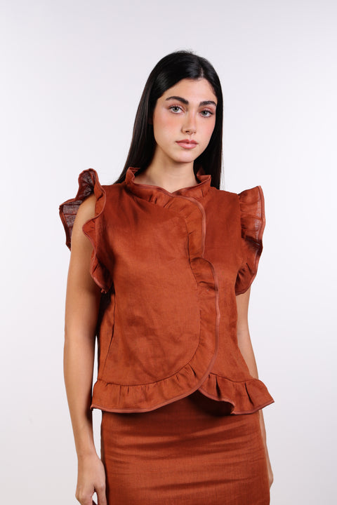 SILK TRIMMED LINEN SHIRT — WOMENS BURNT ORANGE