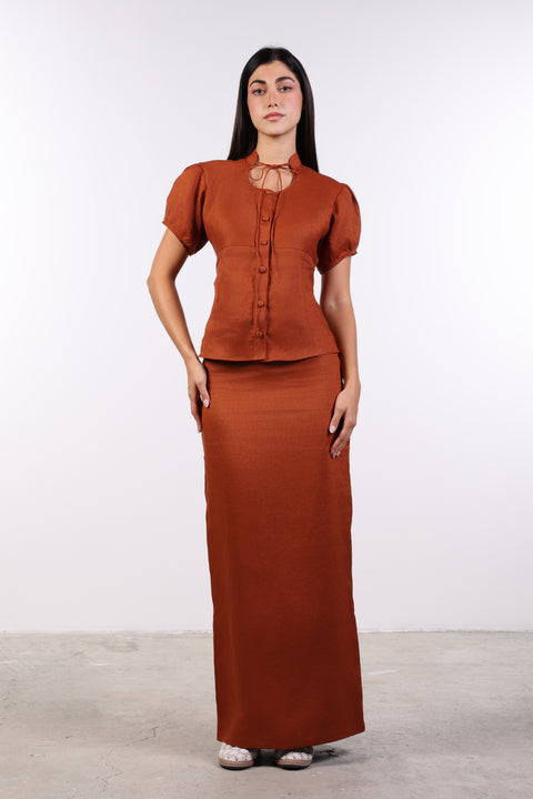 TIE-NECK LINEN SHIRT — WOMENS BURNT ORANGE