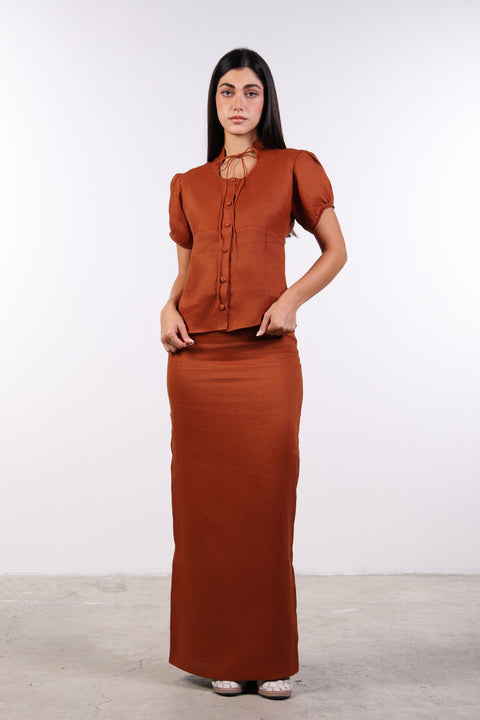 TIE-NECK LINEN SHIRT — WOMENS BURNT ORANGE