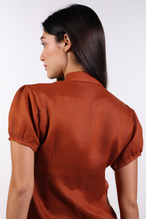 TIE-NECK LINEN SHIRT — WOMENS BURNT ORANGE