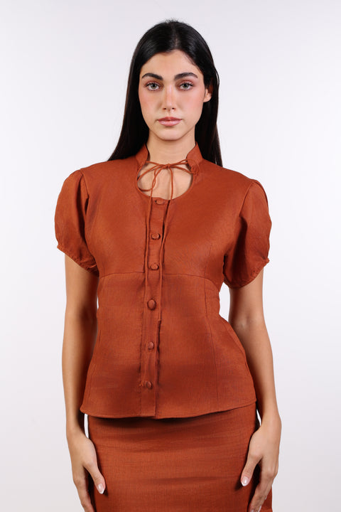 TIE-NECK LINEN SHIRT — WOMENS BURNT ORANGE
