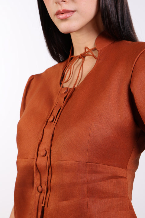 TIE-NECK LINEN SHIRT — WOMENS BURNT ORANGE