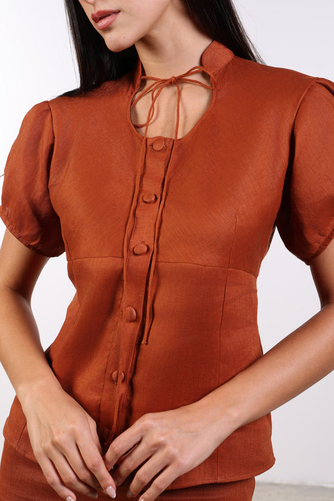 TIE-NECK LINEN SHIRT — WOMENS BURNT ORANGE
