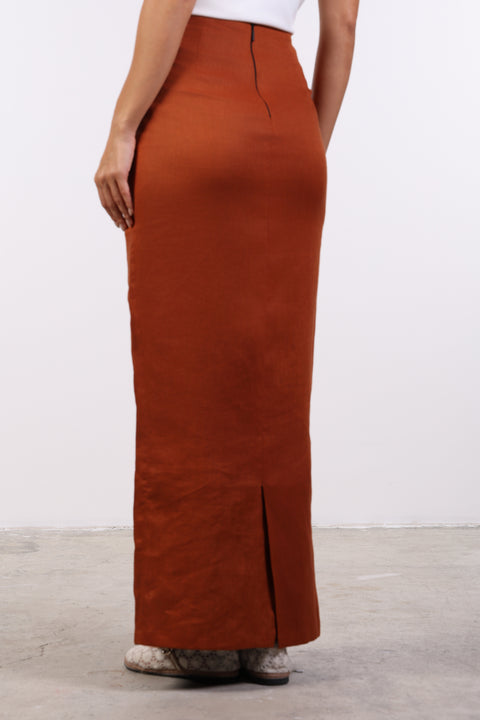 PENCIL LINEN SKIRT — WOMENS BURNT ORANGE