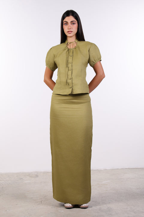 TIE-NECK LINEN SHIRT — WOMENS MOSS GREEN