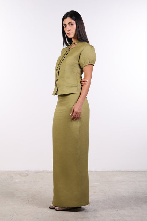 PENCIL LINEN SKIRT — WOMENS MOSS GREEN
