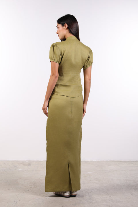 PENCIL LINEN SKIRT — WOMENS MOSS GREEN