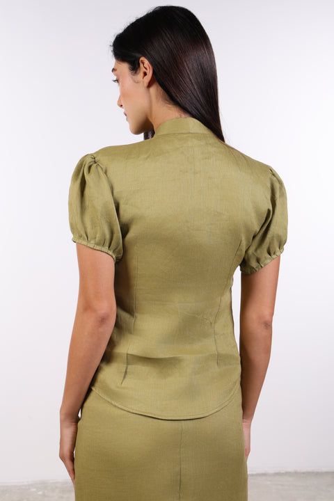 TIE-NECK LINEN SHIRT — WOMENS MOSS GREEN