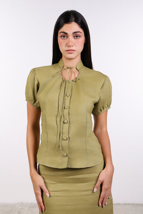 TIE-NECK LINEN SHIRT — WOMENS MOSS GREEN
