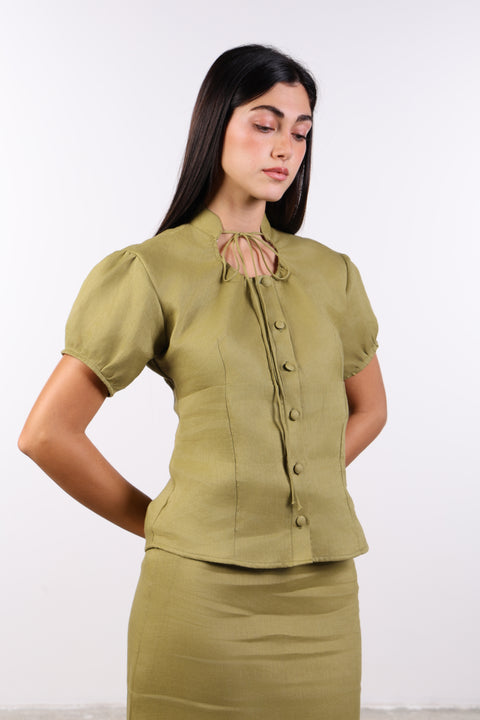 TIE-NECK LINEN SHIRT — WOMENS MOSS GREEN