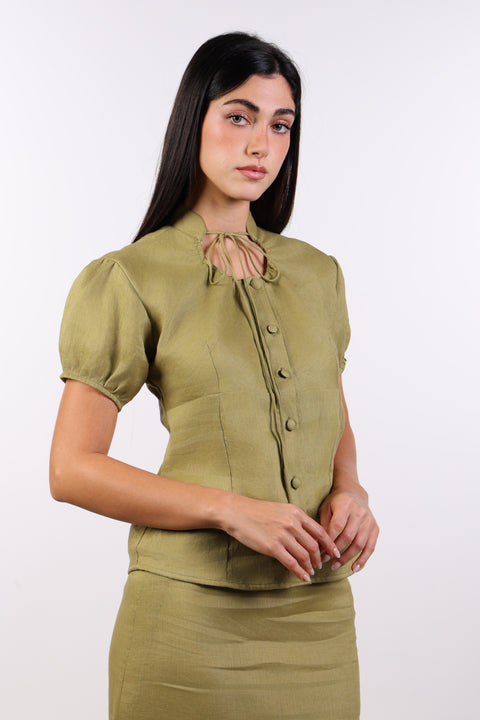 TIE-NECK LINEN SHIRT — WOMENS MOSS GREEN
