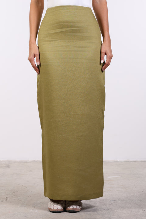 PENCIL LINEN SKIRT — WOMENS MOSS GREEN