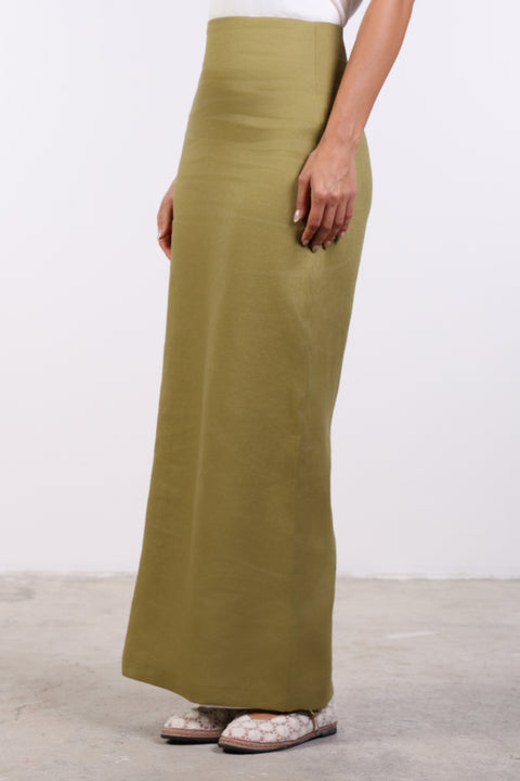 PENCIL LINEN SKIRT — WOMENS MOSS GREEN