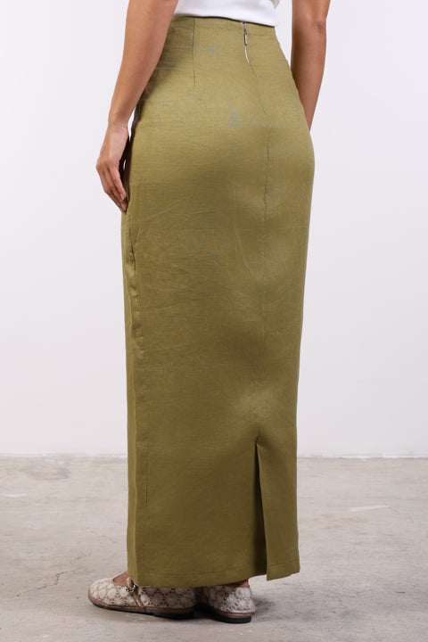 PENCIL LINEN SKIRT — WOMENS MOSS GREEN