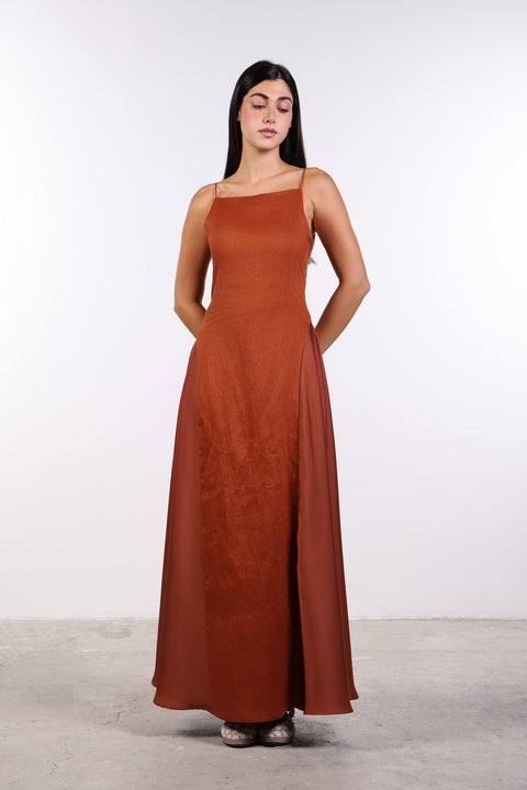SILK PANEL LINEN DRESS — WOMENS BURNT ORANGE