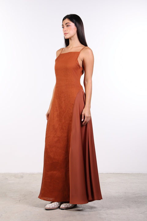 SILK PANEL LINEN DRESS — WOMENS BURNT ORANGE