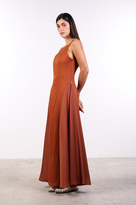 SILK PANEL LINEN DRESS — WOMENS BURNT ORANGE