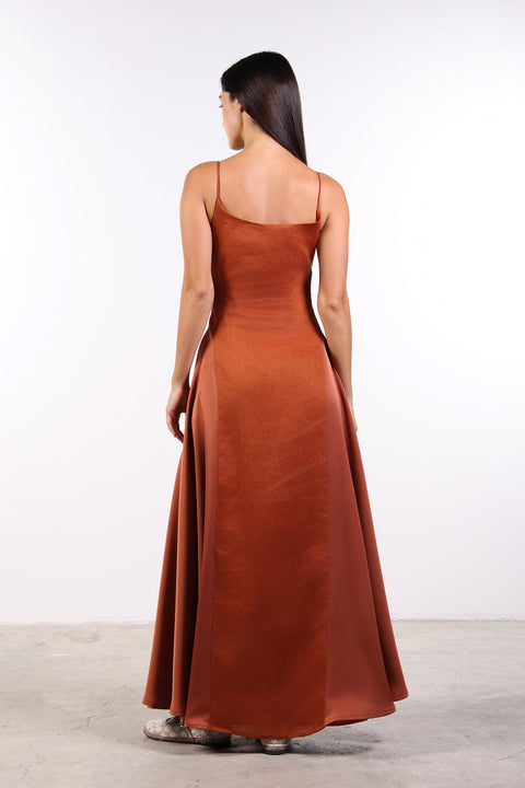 SILK PANEL LINEN DRESS — WOMENS BURNT ORANGE