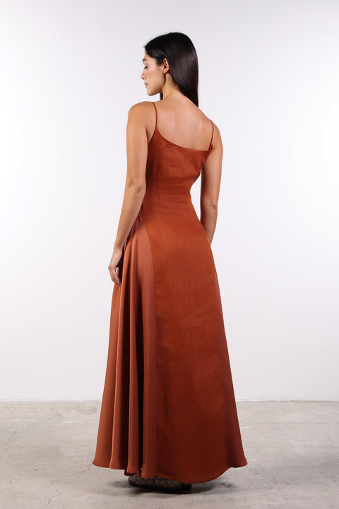 SILK PANEL LINEN DRESS — WOMENS BURNT ORANGE