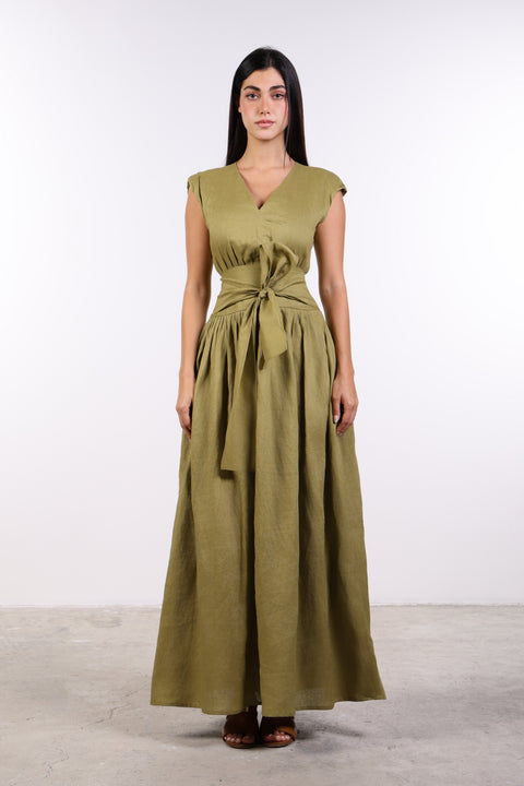 LINEN BOW MAXI DRESS — WOMENS MOSS GREEN