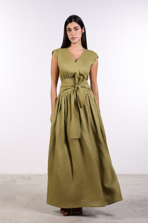 LINEN BOW MAXI DRESS — WOMENS MOSS GREEN