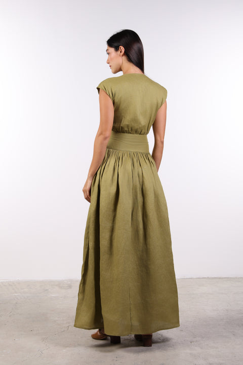 LINEN BOW MAXI DRESS — WOMENS MOSS GREEN