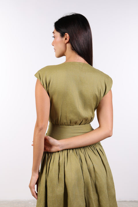 LINEN BOW MAXI DRESS — WOMENS MOSS GREEN