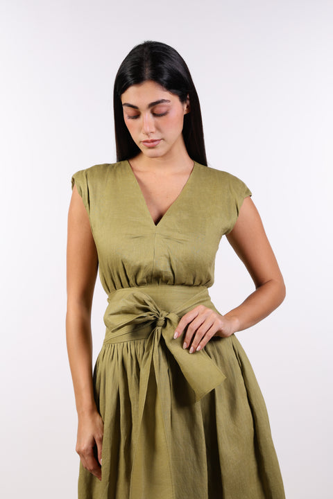 LINEN BOW MAXI DRESS — WOMENS MOSS GREEN