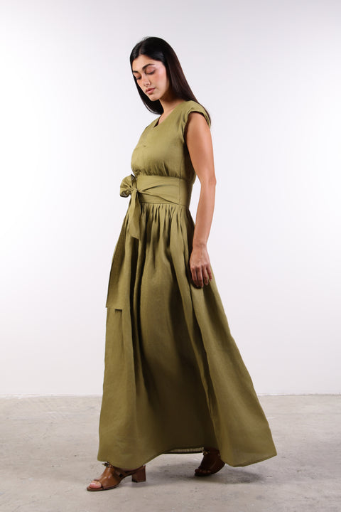 LINEN BOW MAXI DRESS — WOMENS MOSS GREEN