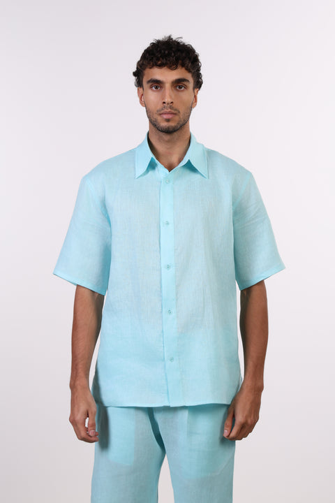 THE CLASSIC LINEN HALF SLEEVES SHIRT — MENS TEAL