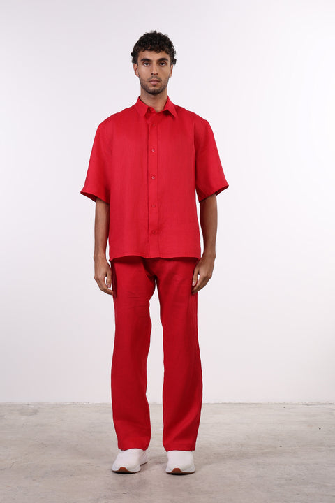 THE CLASSIC LINEN HALF SLEEVES SHIRT — MENS RED