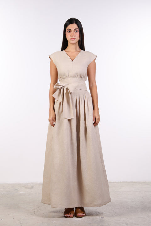 LINEN BOW MAXI DRESS — WOMENS BEIGE