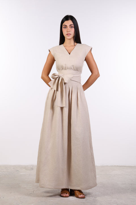 LINEN BOW MAXI DRESS — WOMENS BEIGE