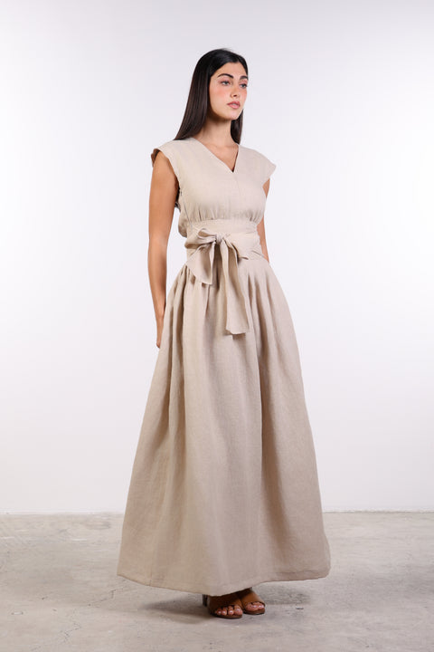 LINEN BOW MAXI DRESS — WOMENS BEIGE