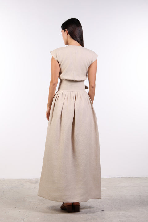 LINEN BOW MAXI DRESS — WOMENS BEIGE