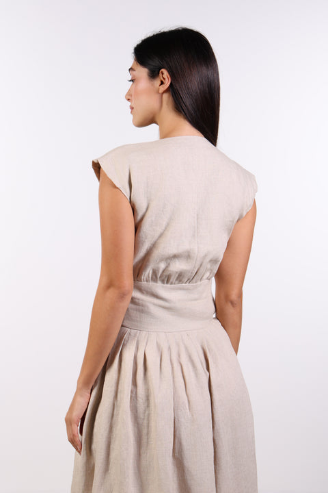 LINEN BOW MAXI DRESS — WOMENS BEIGE