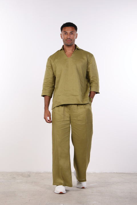THE LINEN V-NECK SHIRT — MENS MOSS GREEN