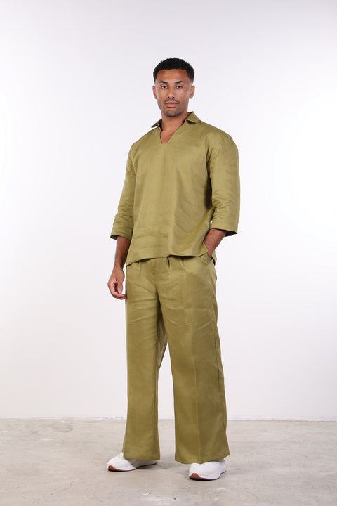 THE LINEN V-NECK SHIRT — MENS MOSS GREEN