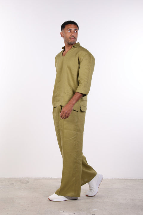 THE LINEN V-NECK SHIRT — MENS MOSS GREEN
