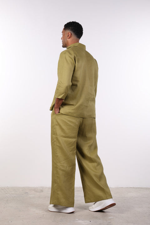 THE LINEN V-NECK SHIRT — MENS MOSS GREEN
