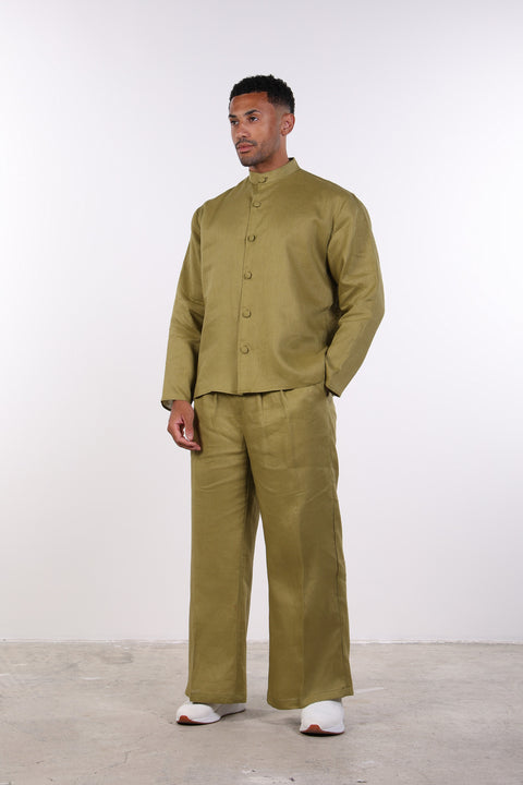 THE LINEN BUTTON-UP SHIRT — MENS MOSS GREEN