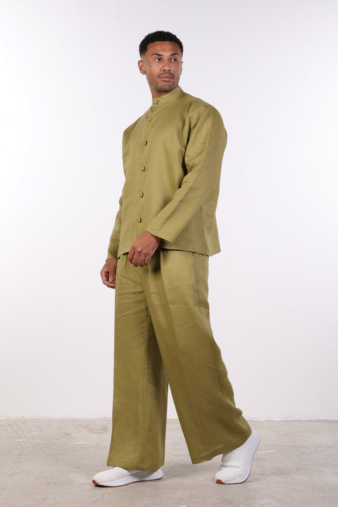 THE LINEN BUTTON-UP SHIRT — MENS MOSS GREEN