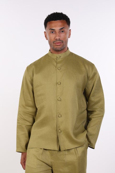 THE LINEN BUTTON-UP SHIRT — MENS MOSS GREEN