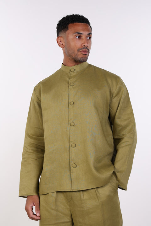 THE LINEN BUTTON-UP SHIRT — MENS MOSS GREEN