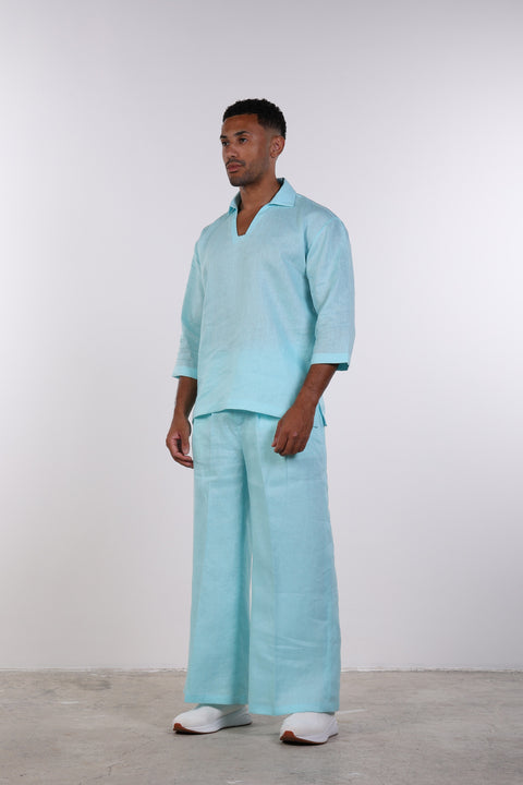 THE LINEN V-NECK SHIRT — MENS TEAL