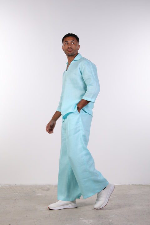 THE LINEN V-NECK SHIRT — MENS TEAL
