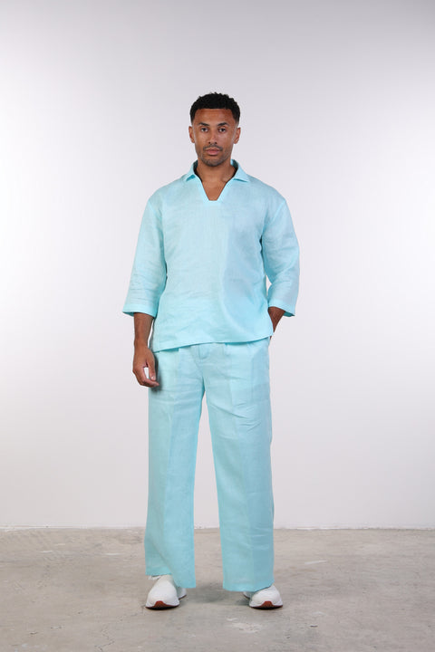 THE LINEN V-NECK SHIRT — MENS TEAL
