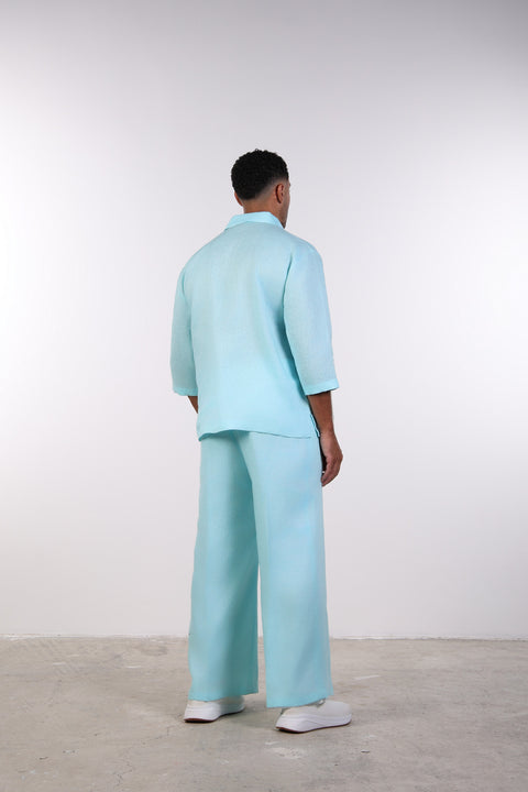 THE LINEN V-NECK SHIRT — MENS TEAL