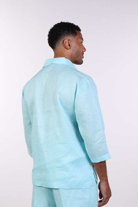 THE LINEN V-NECK SHIRT — MENS TEAL